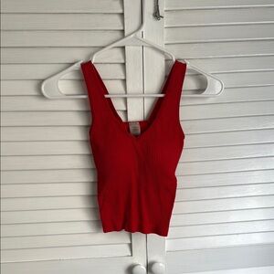 Red Ribbed V-Neck Women's Top